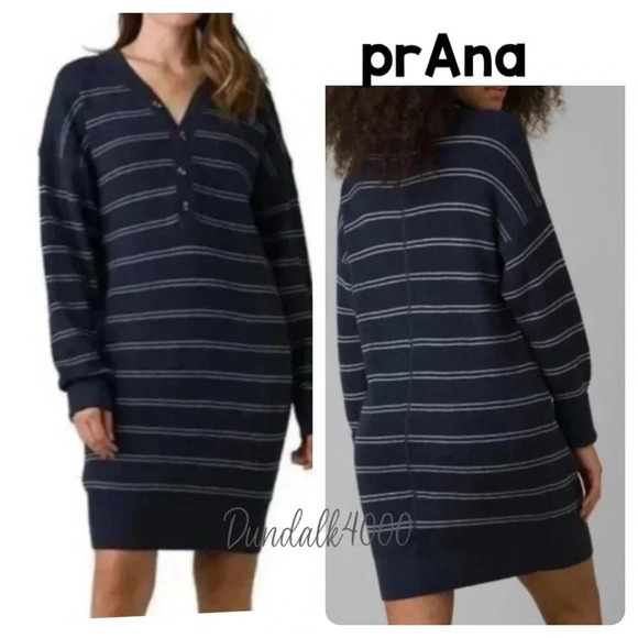 prAna Women's Navy Blue Nautical Stripe Milani Henley Sweater Knit Dress S M - Picture 1 of 8